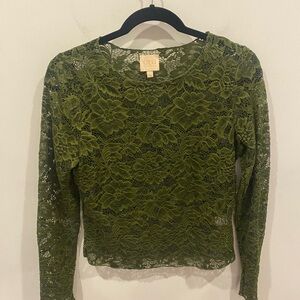 Good Luck Gem Women's Olive Sheer Lace Blouse